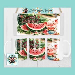Ceramic Coffee Mug Sweet Summer Pig Watermelon Farm 15oz Hand Sublimated
